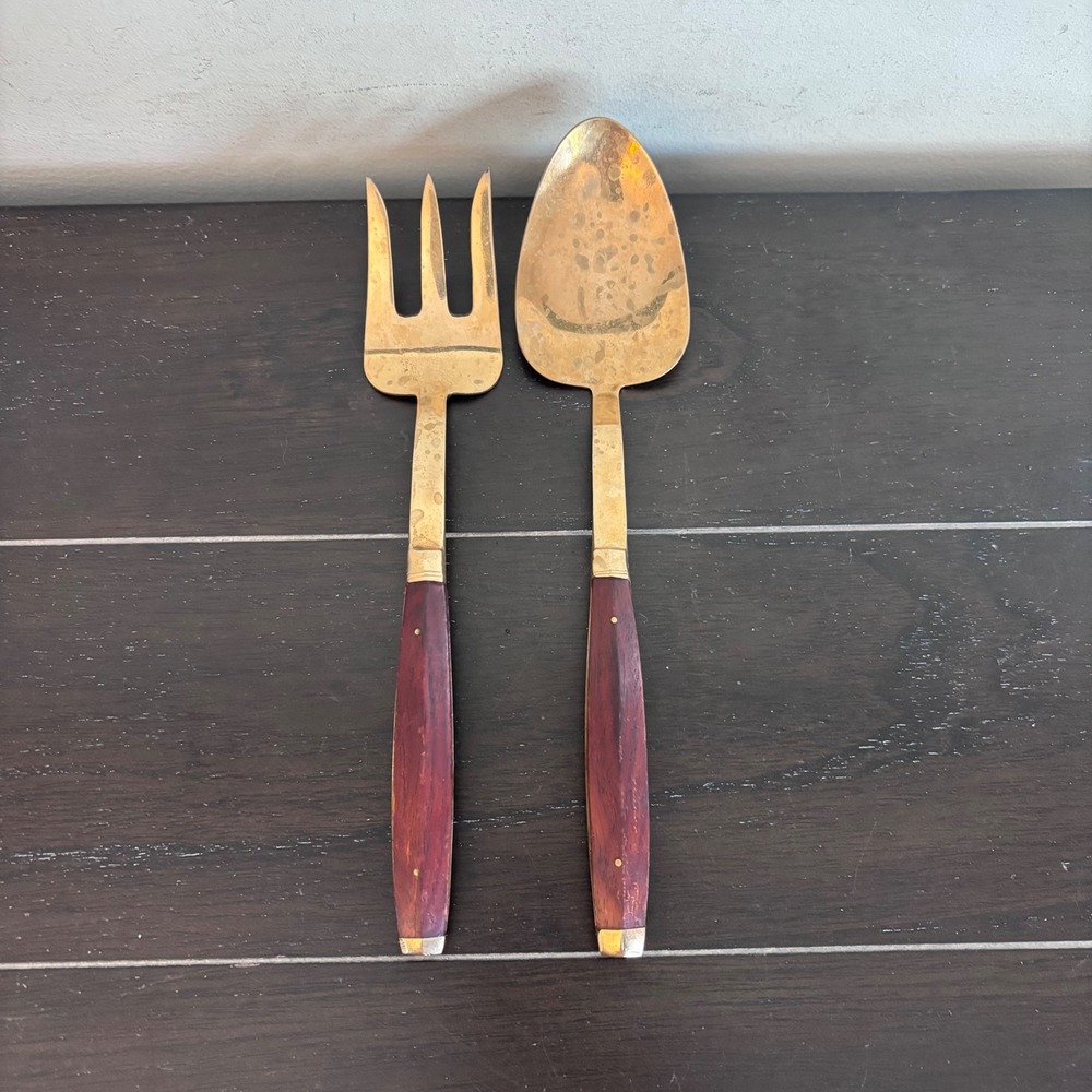 Vintage Brass and Rosewood Salad Serving Set‎ | Spoon and Fork | MCM